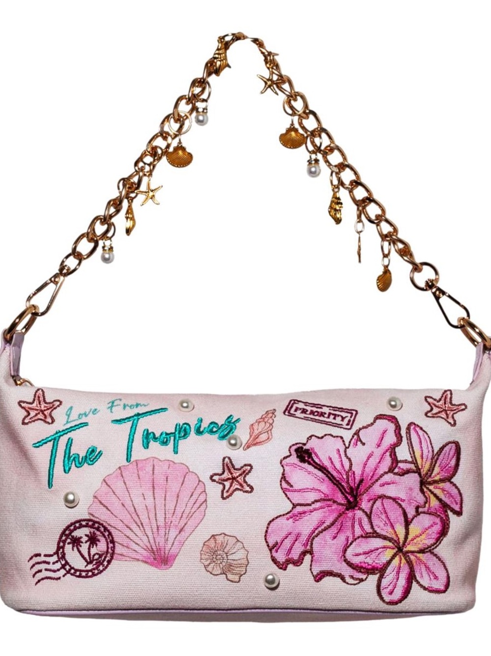 Tropical Pink Embroidered Shoulder Bag with Gold Charm Strap